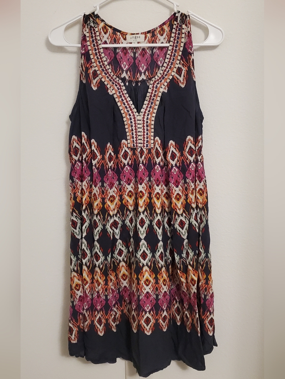 Umgee Navy Midi Dress with Pink and Orange Geometric Print Boho Flowy Summer
